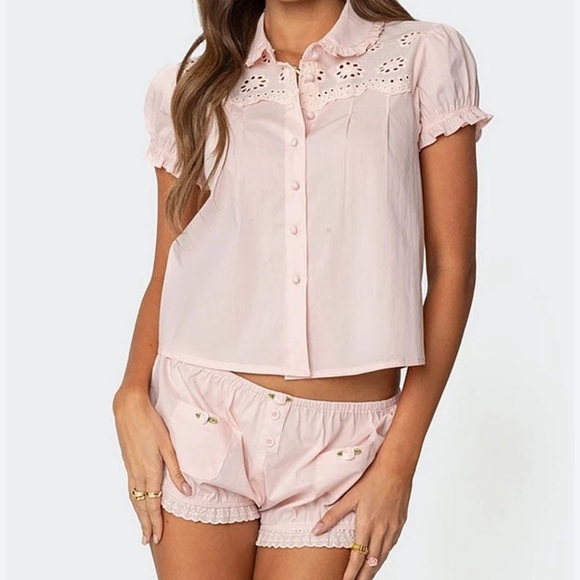 NWT Edikted Womens Massie Tailored Button Up Shirt and Matching Bottoms Pink - Picture 2 of 10